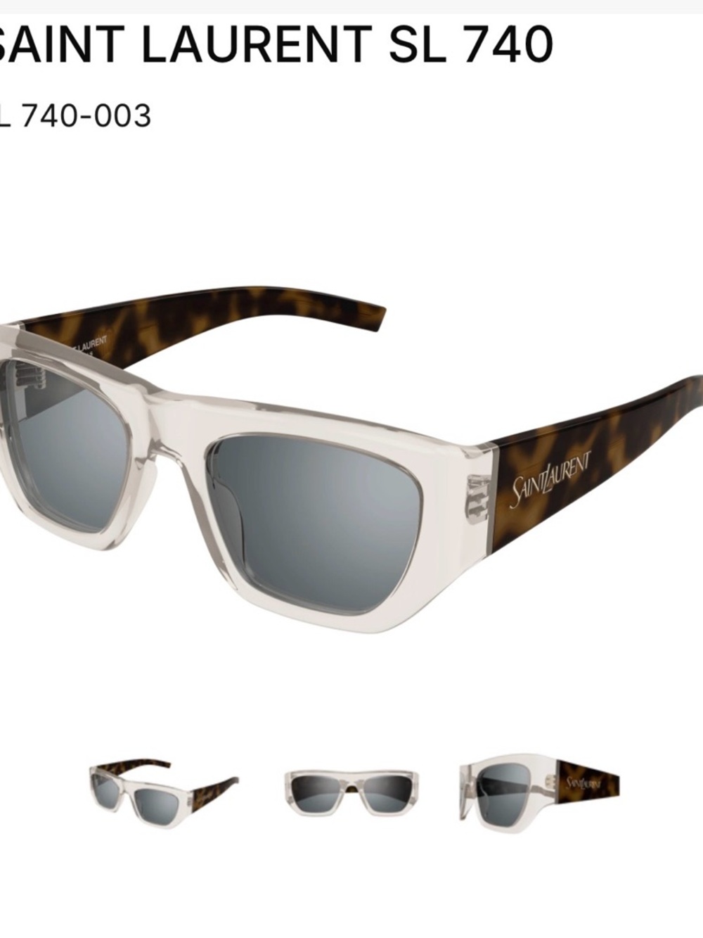 Saint Laurent Clear Frame Sunglasses with Tortoiseshell Temples and Gray Lenses